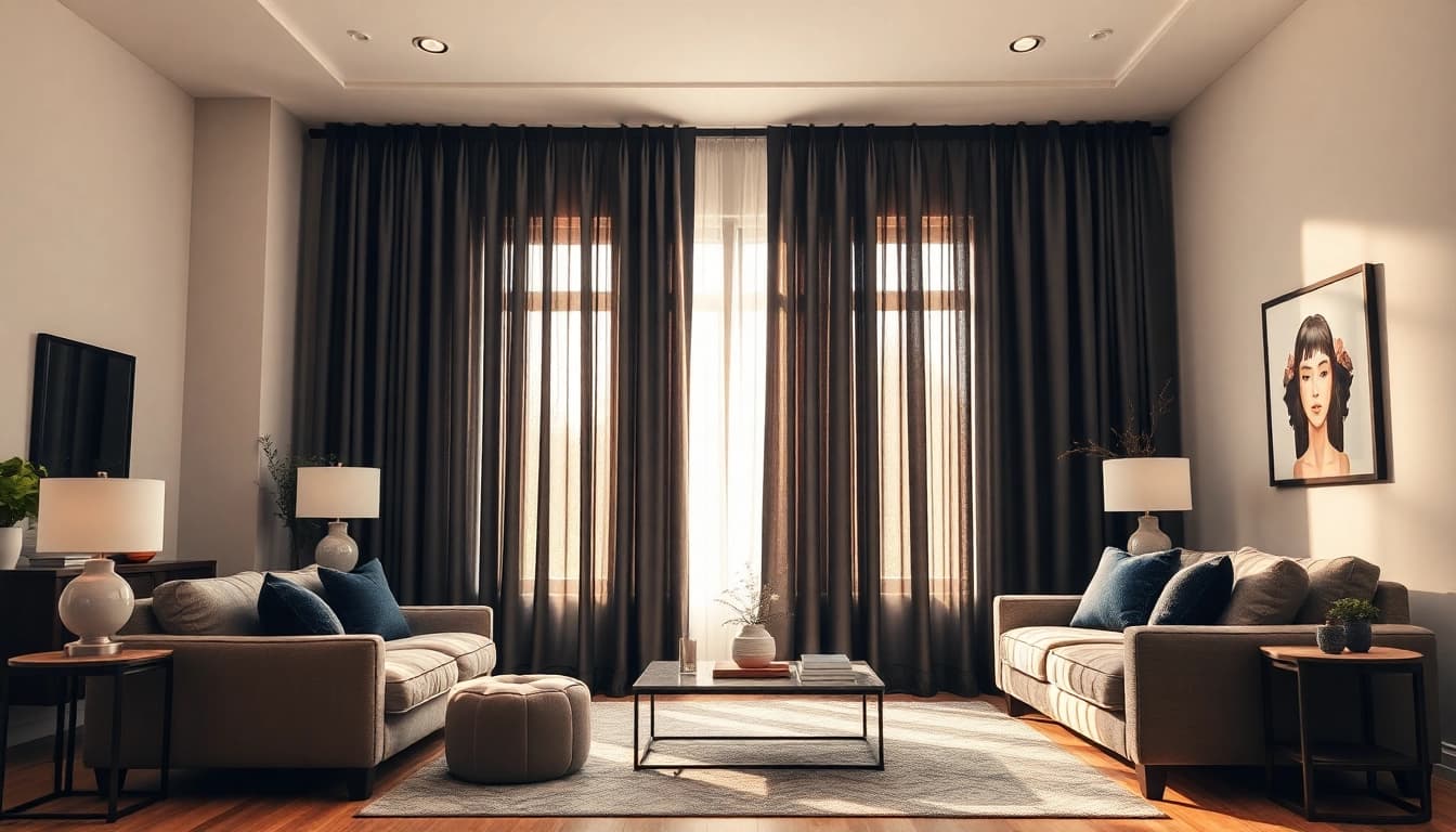 Bekijk verduisterende gordijnen in een moderne woonkamer met stijl en elegantie.