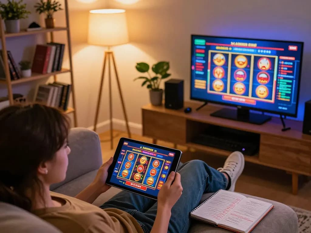 Engaging home gaming scene showing a lista casino online non aams on a tablet with strategic notes around.