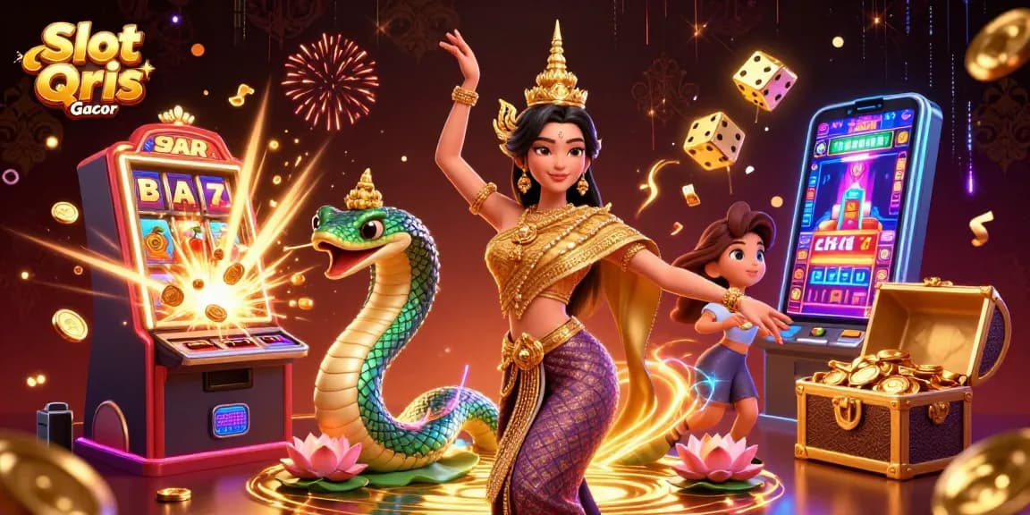 Play Slot Qris Gacor for a chance to win big, featuring a vibrant 3D scene of captivating casino elements.