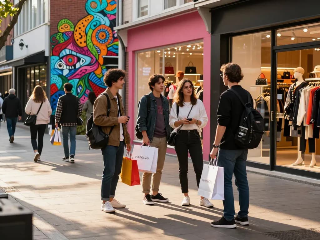 Stylish individuals at a 레플리카 사이트 shopping district exploring trendy outfits and accessories.
