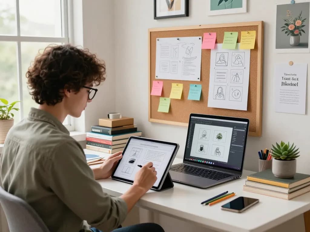 Image to prompt process illustrated in a vibrant digital workspace