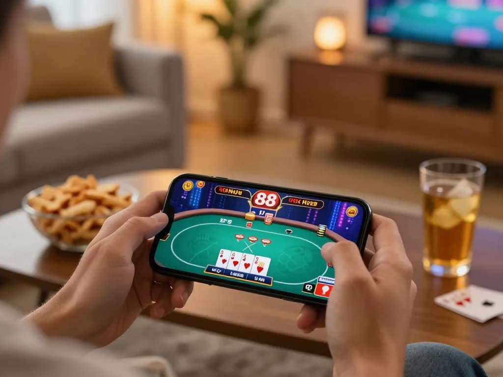 Engaging player enjoying w 88 casino games on mobile in cozy home environment.