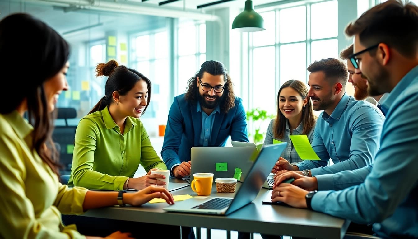 Dynamic collaboration at a social media agency with a diverse team in an office setting.