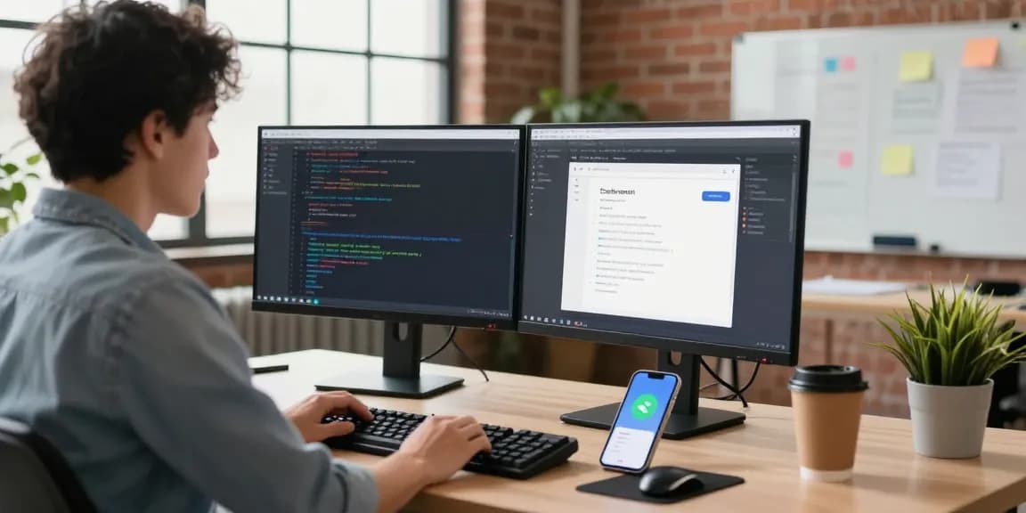 Developer optimizing telegram中文版 user experience in a modern tech workspace.