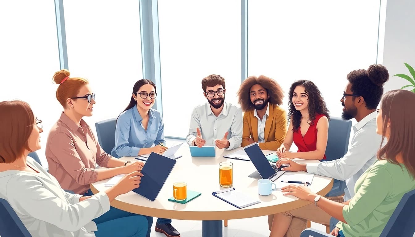 Find my true calling in a collaborative office setting, showcasing diverse individuals discussing career paths.