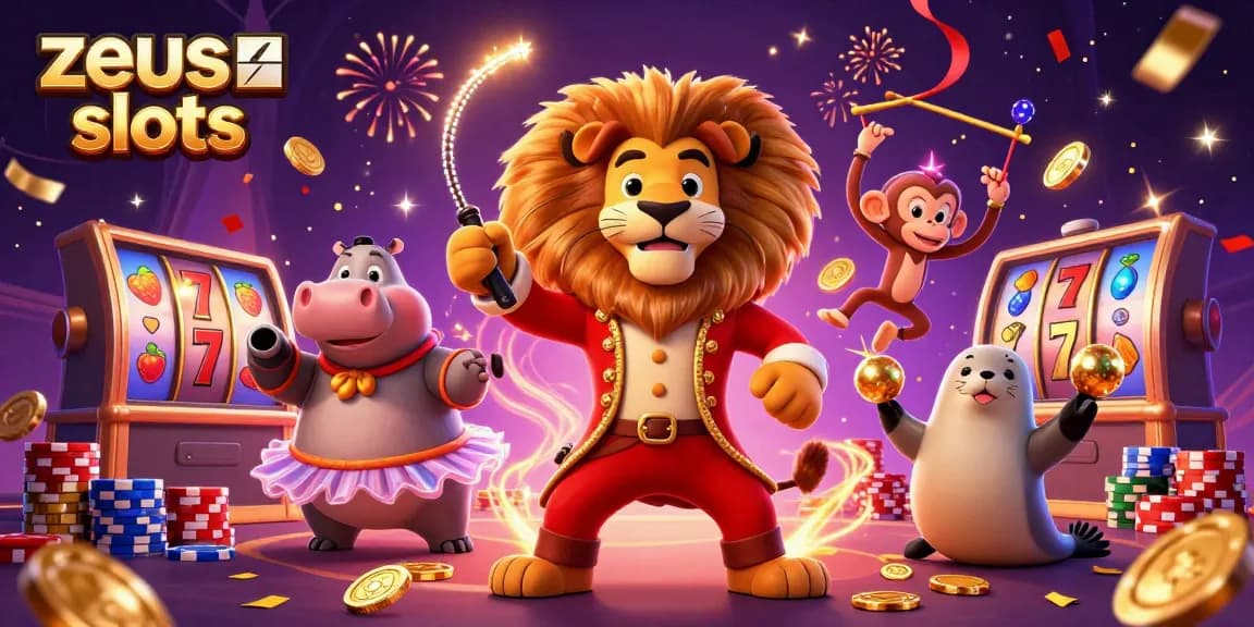 Experience thrilling zeus slots action with vibrant circus characters and glittering jackpot symbols.