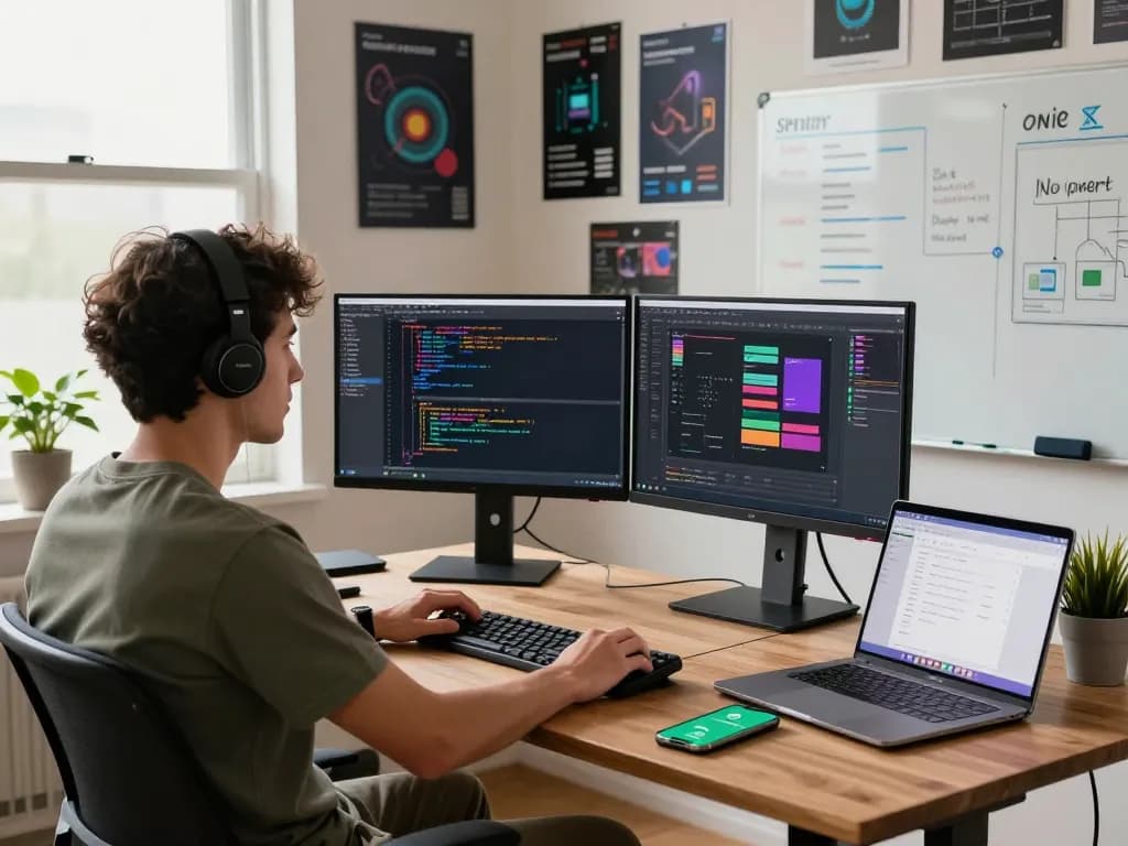Developer using OpenClaw on dual monitors in a modern workspace, showcasing coding and productivity elements.