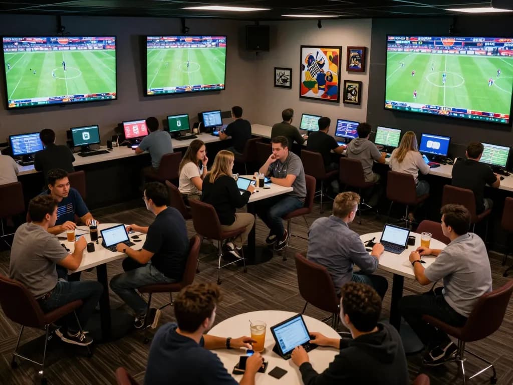 Engaged sports fans making bets in a lively setting while enjoying Nhận Định Aston Villa vs Brentford updates.