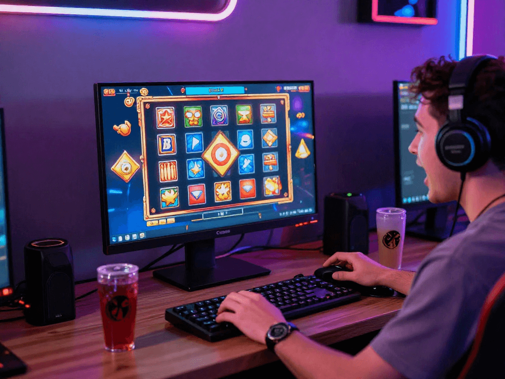 Player engaging with vibrant bonus buy slots on a desktop, showcasing a dynamic online casino gaming atmosphere.