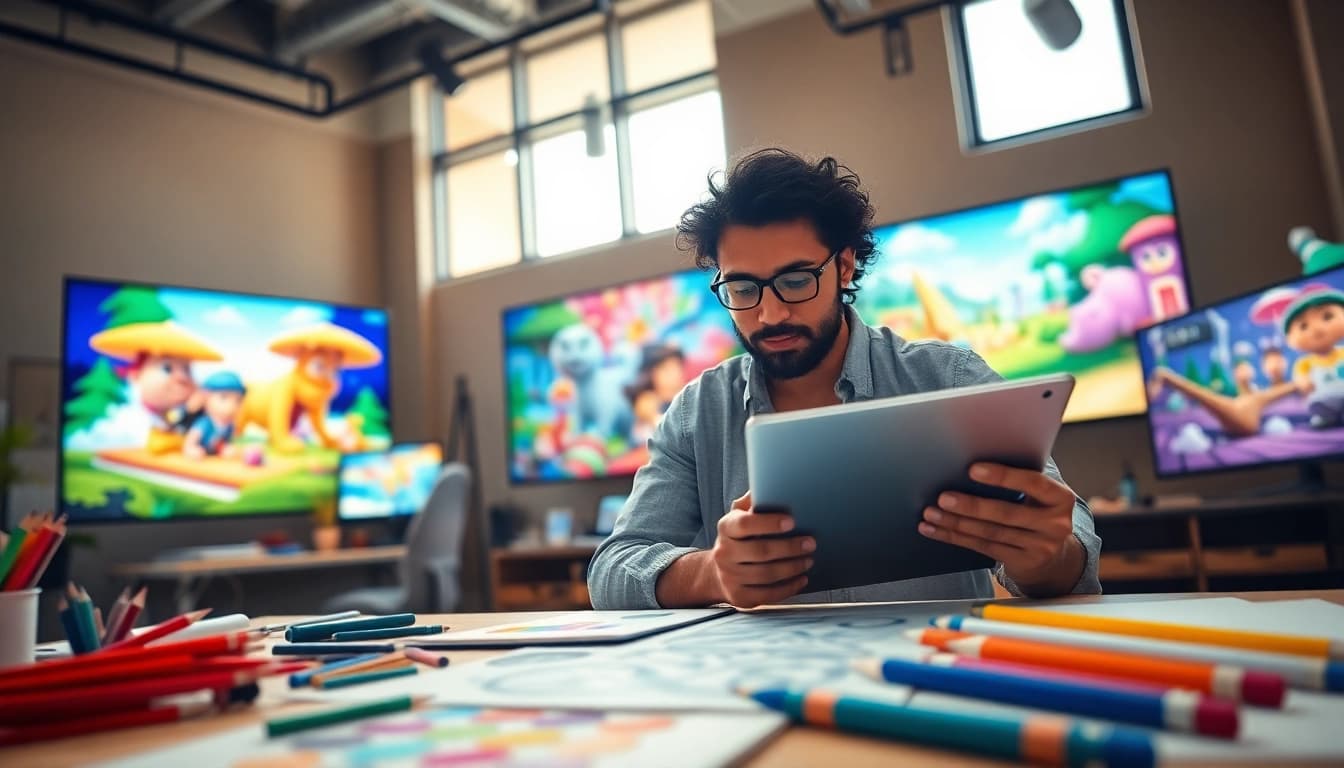 Ersteller von 2D Animation zeigt kreative Entwürfe in einem ansprechenden Arbeitsbereich.