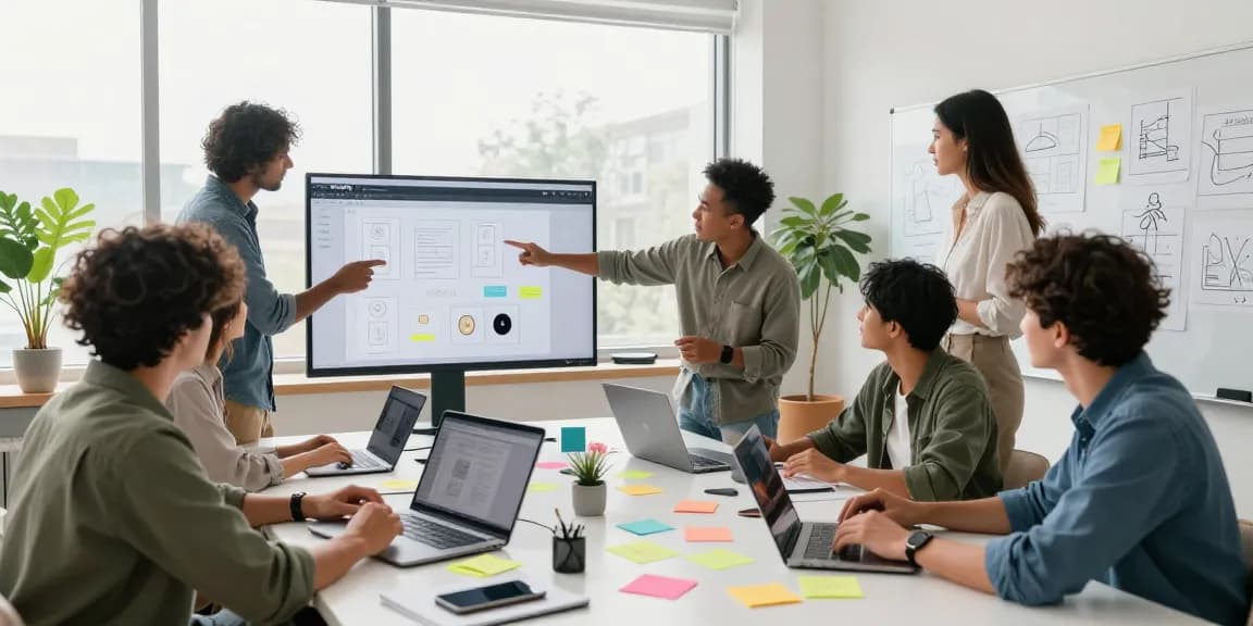 Team collaborating with GoJelly on a mixboard, showcasing dynamic brainstorming and creativity in a modern office.