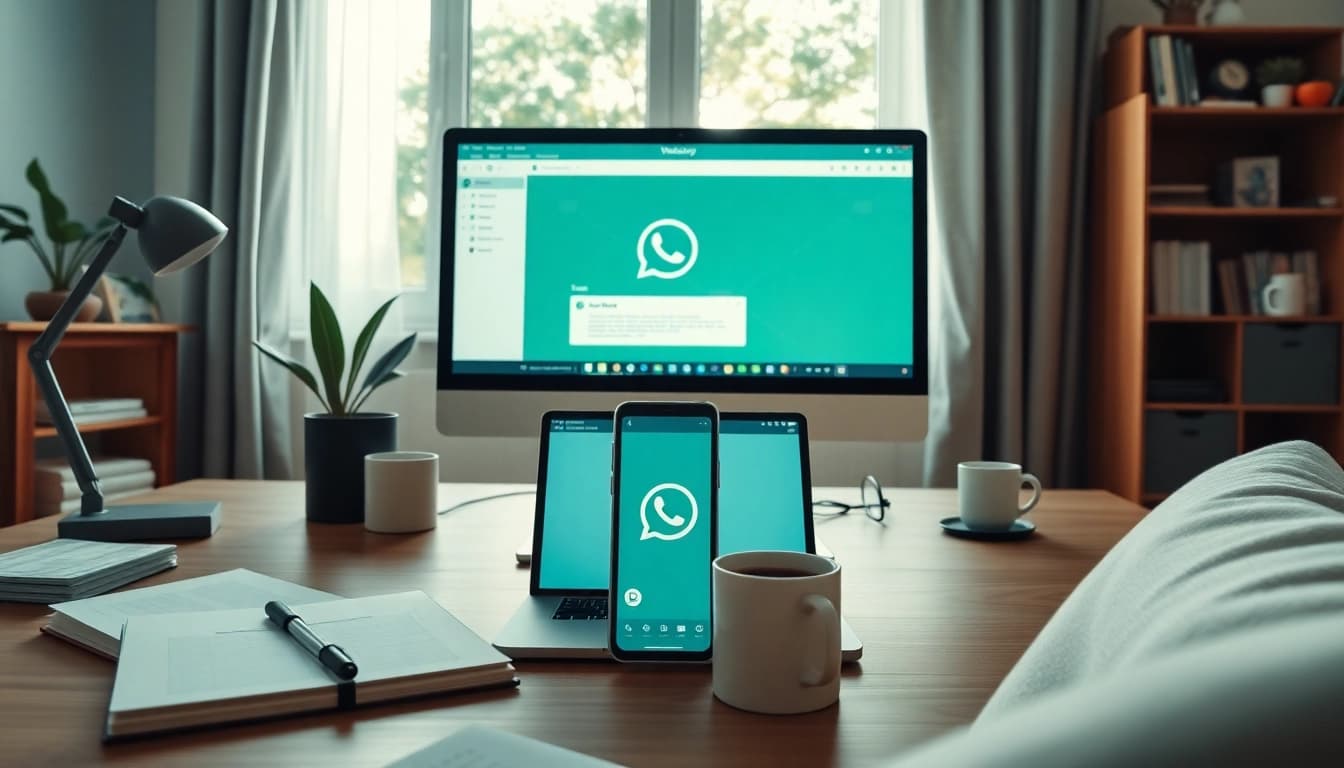 在现代家庭办公环境中，笔记本电脑上显示的 WhatsApp Web，强调高效沟通。