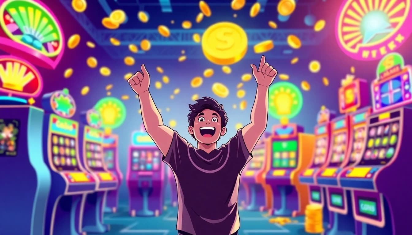 Menggambarkan pengalaman bermain slot depo 1k yang menyenangkan dengan simbol kemenangan dan pemain yang merayakan.