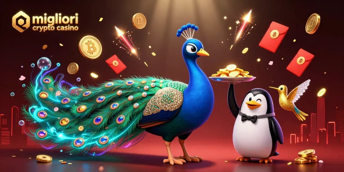 Gioca nei migliori crypto casino con una grafica accattivante e colorata, caratterizzata da un pavone, un pinguino e un colibrì.