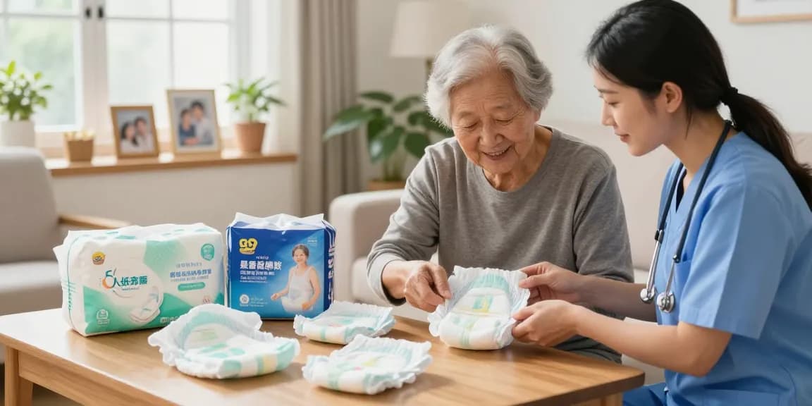 Caregiver demonstrating the use of 成人紙尿片 in a warm home setting, showcasing different styles for comfort and dignity.