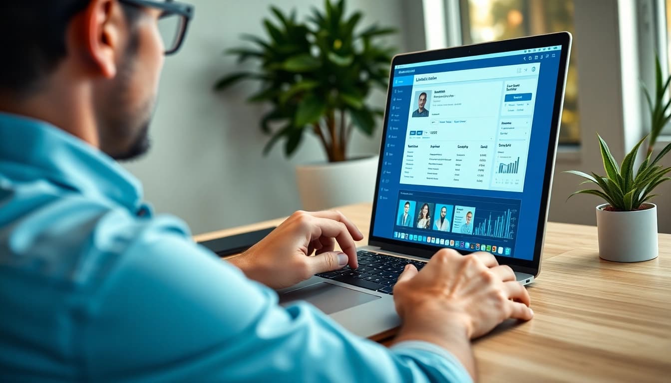 Using a linkedin data extraction tool to analyze LinkedIn profiles in a modern office.