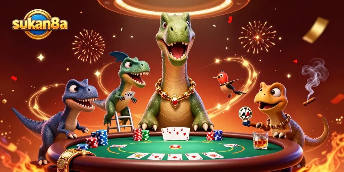 Sukan8a showcases a vibrant 3D casino scene with a giant brontosaurus and card-dealing raptor