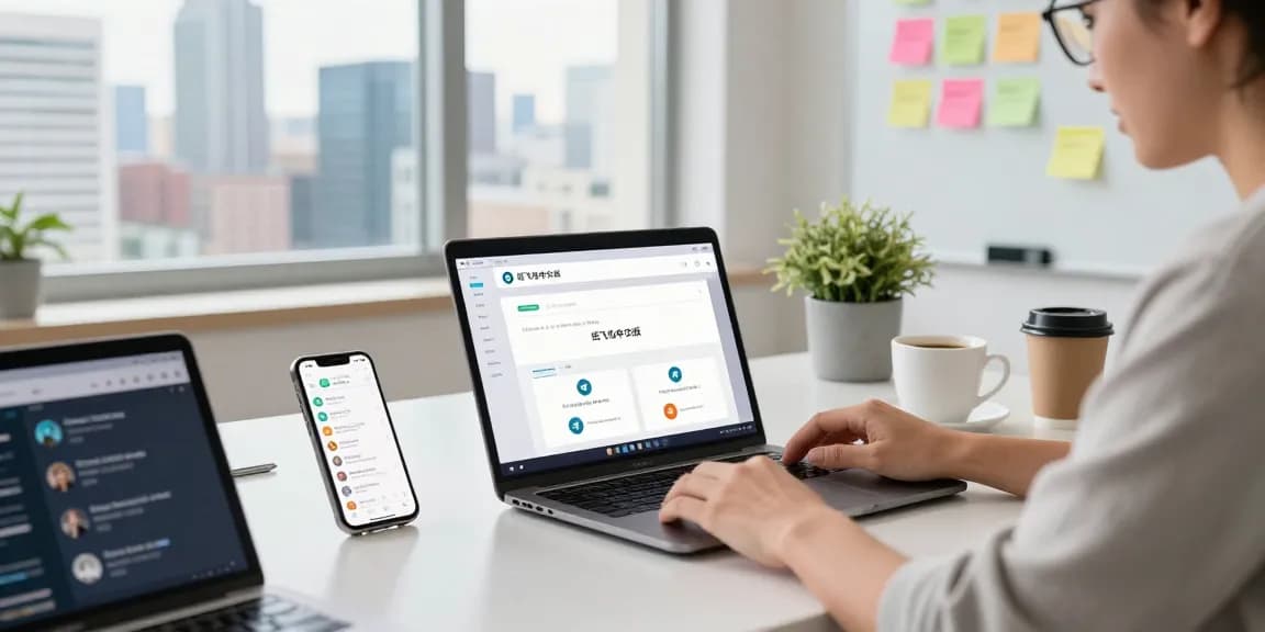 Engaging scene of an individual using the 纸飞机中文版 app in a modern workspace, showcasing digital communication.