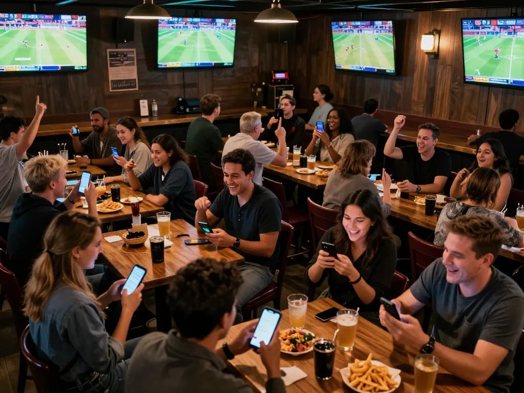 People engaging with siti scommesse stranieri in a lively sports bar atmosphere while watching games.