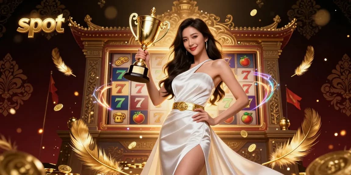 Spin the winning slot reels with vibrant Asian woman holding trophy in 3D illustration.