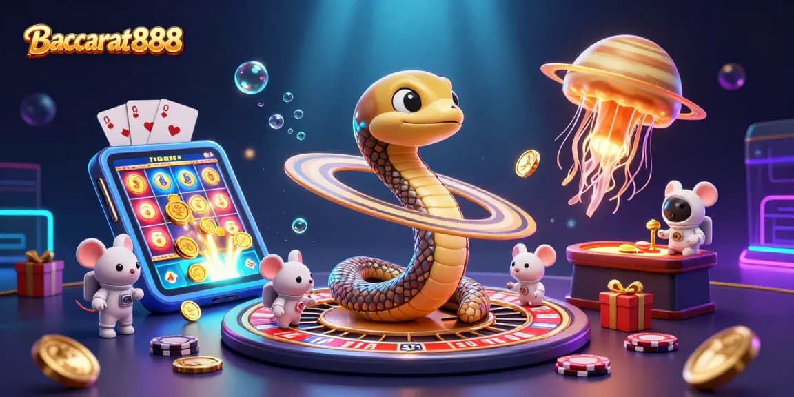 Experience Baccarat888 with engaging gameplay in a dynamic cosmic casino setting featuring lively characters and rich details.