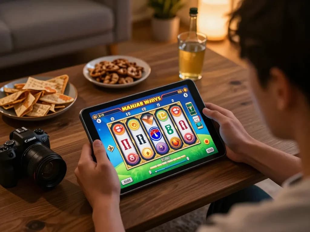 Playing Mahjong Ways slot on a tablet in a cozy home setup, showcasing a gaming moment.