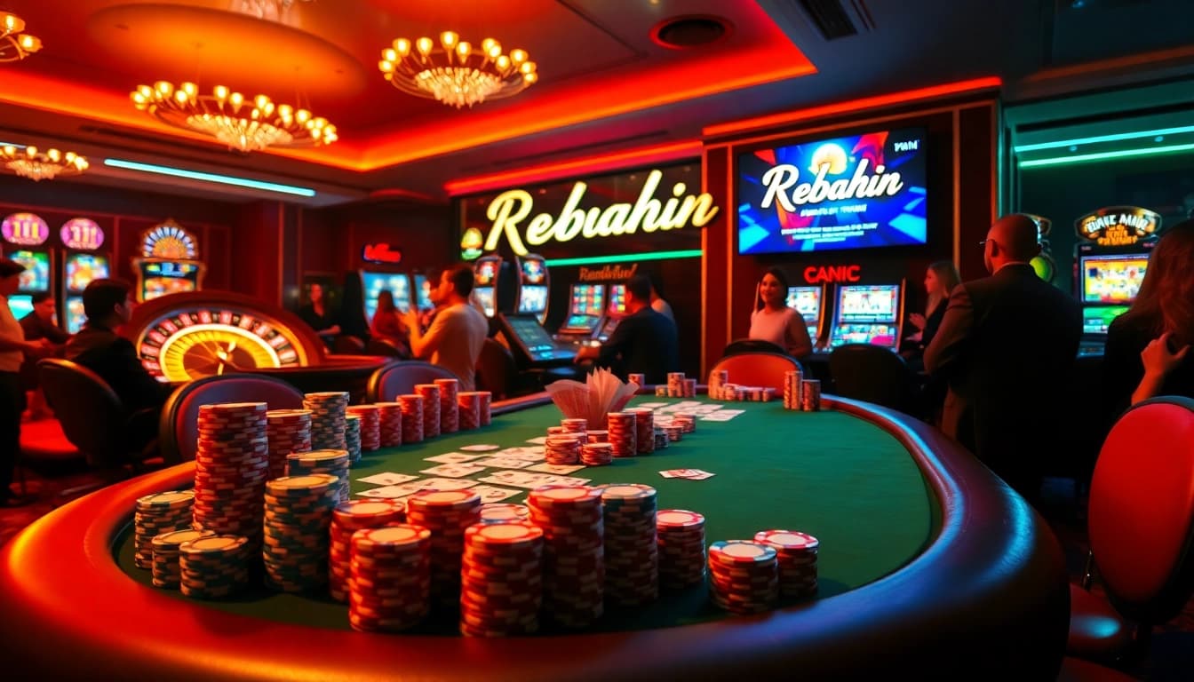 Experience the excitement of rebahin film at a luxurious casino with vibrant poker tables.