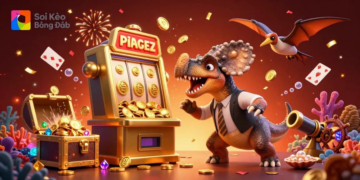 Soi Kèo Bóng Đá brings excitement as a T-Rex celebrates a jackpot win surrounded by colorful game elements.