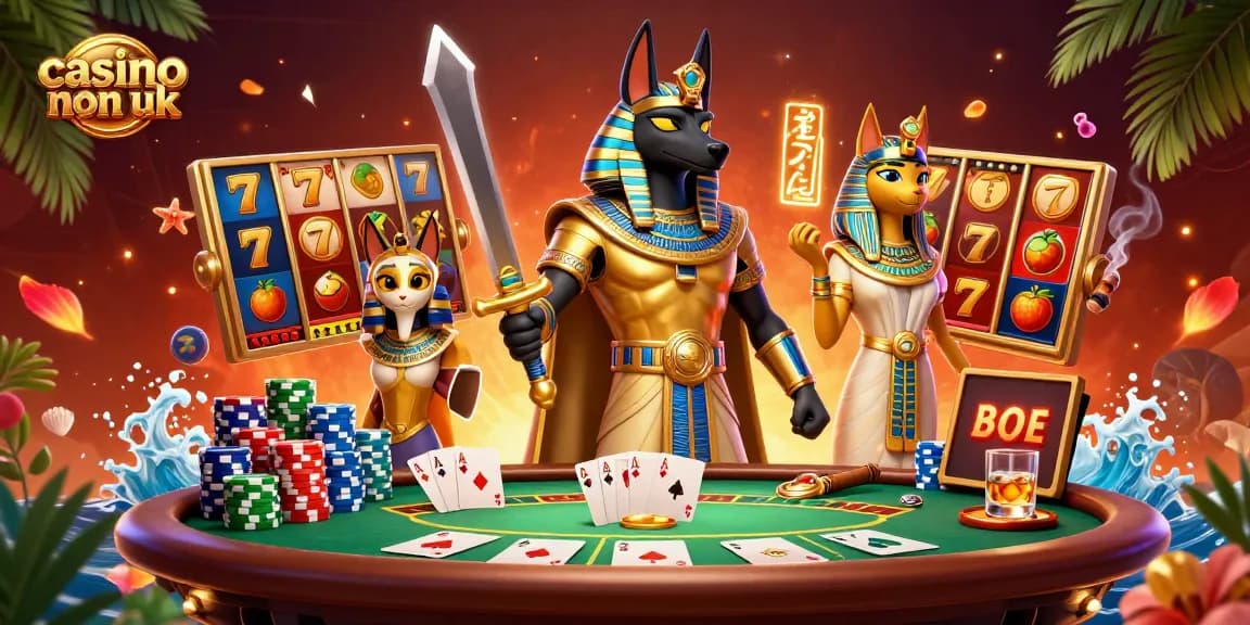 Experience exciting gaming at casino non uk with an ancient Egyptian theme, showcasing vibrant characters and rich casino elements.