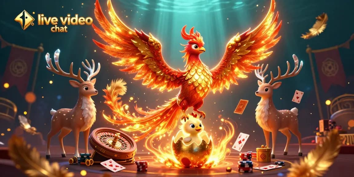 Enhance your experience with live video chat in this vibrant casino-themed illustration featuring a phoenix and mystical stag.