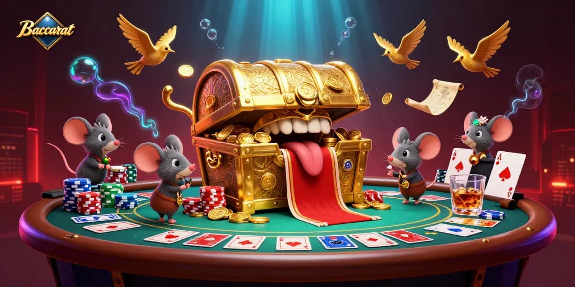 Baccarat scene with a treasure chest and poker elements enticing adventurer mice towards riches.