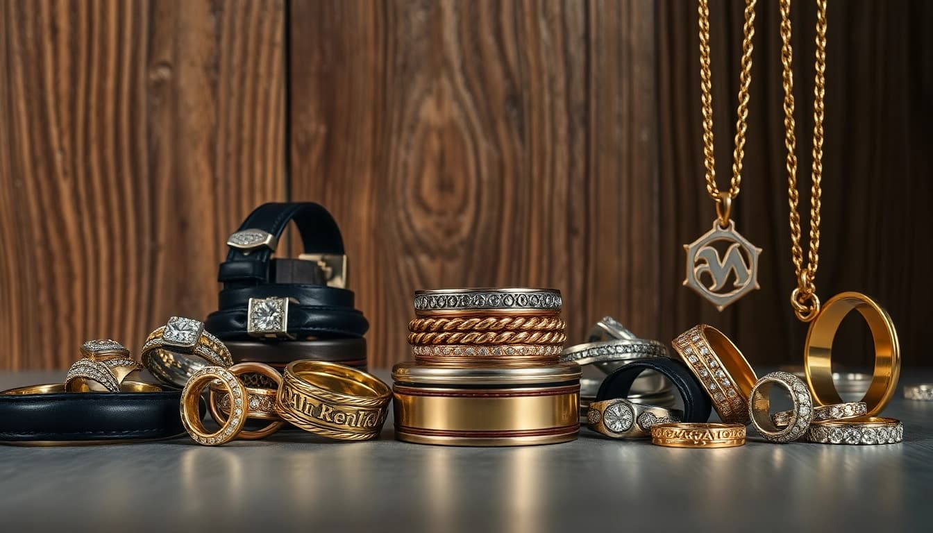 Showcase of men’s jewelry including rings and bracelets on a textured background.