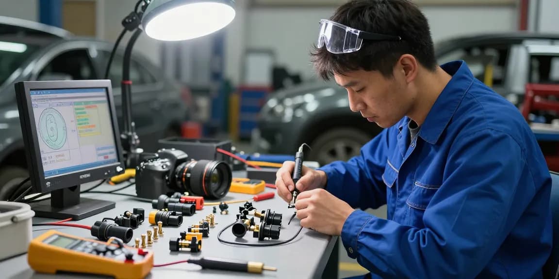 Automotive electrical connectors assembly in workshop, showcasing tools and technician at work.