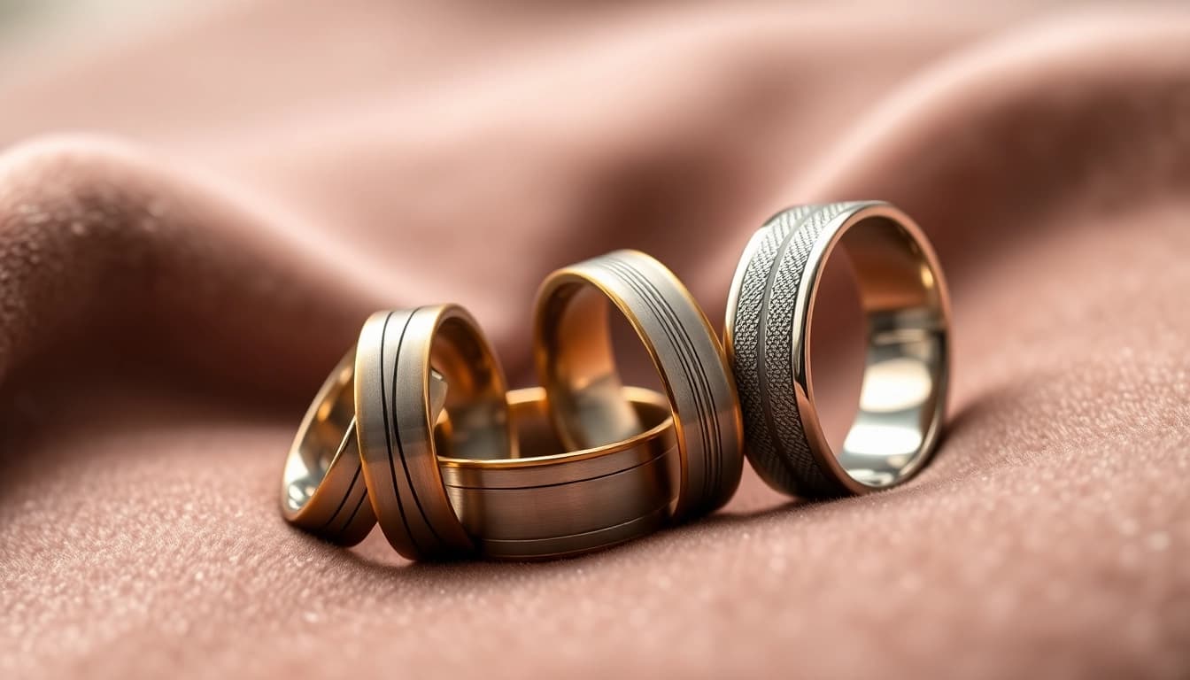 Showcasing exquisite mens wedding rings on a velvet backdrop with warm lighting.