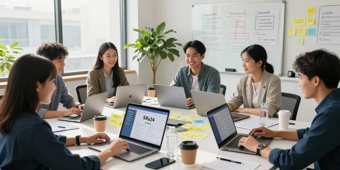 Team collaboration at the Sifu24 platform office, showcasing service analytics and engagement.