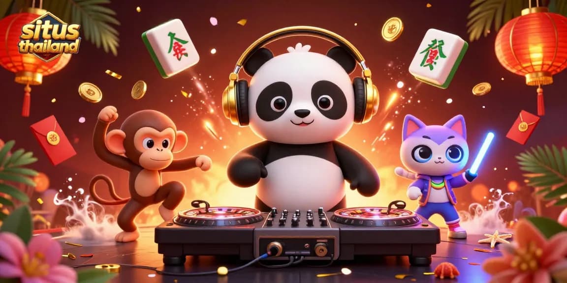 Situs Thailand showcases a vibrant scene where a DJ panda spins roulette turntables surrounded by gaming symbols.