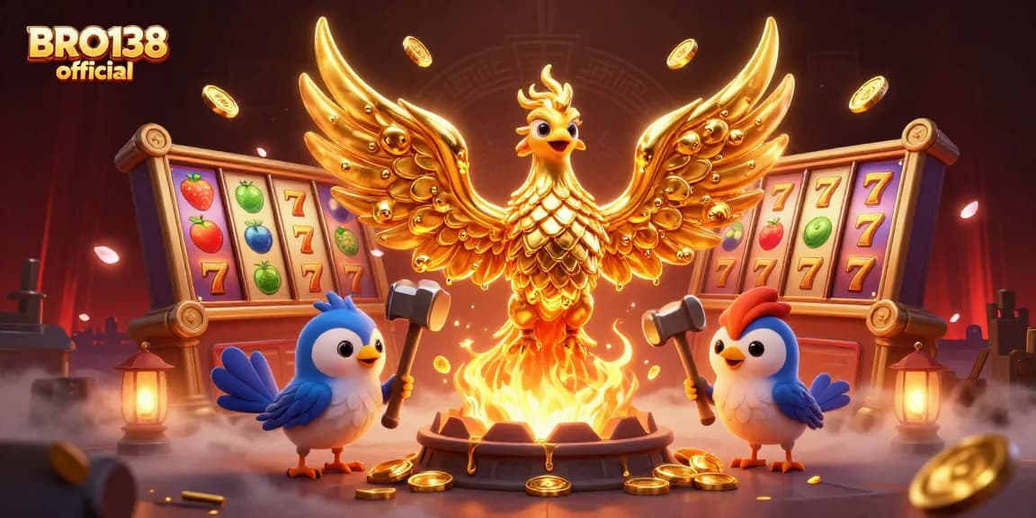 Join the excitement with BRO138 official as golden phoenixes and slot reels light up the casino scene.