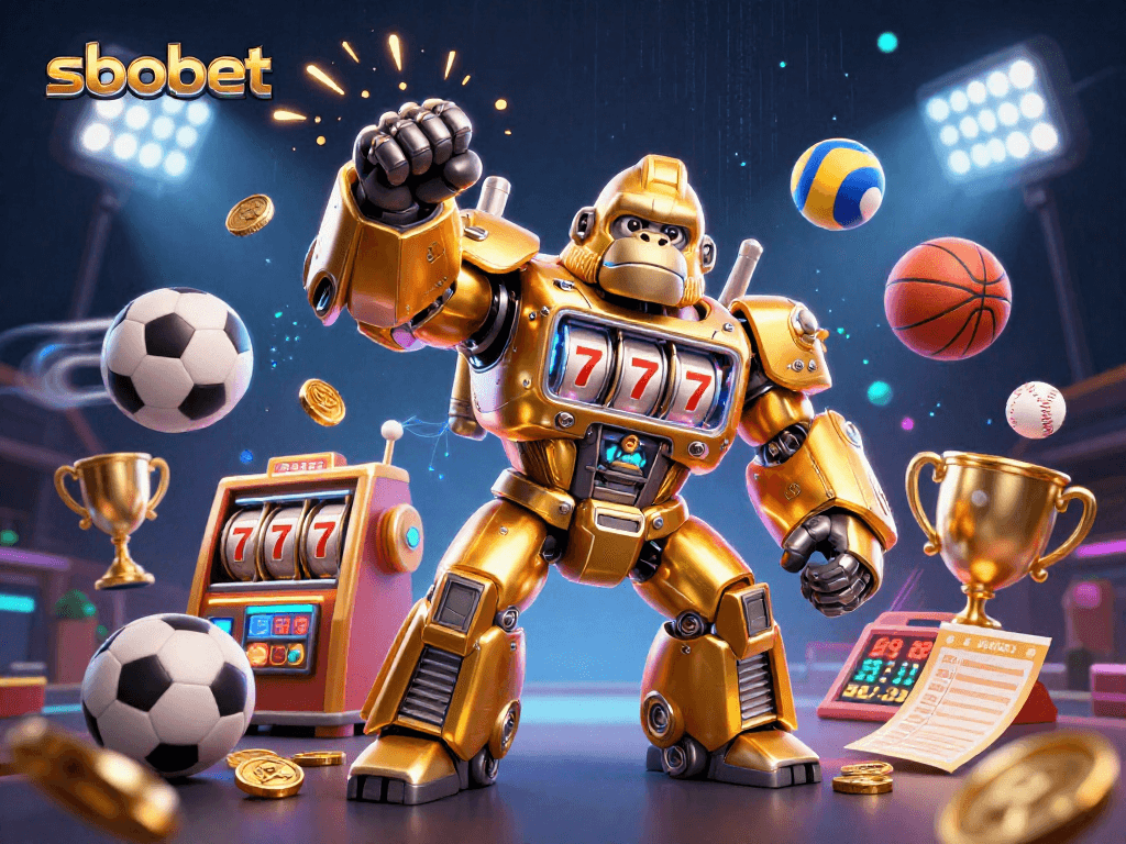 Bet on sbobet with a 3D transformed golden gorilla mech amidst sports balls and betting elements.