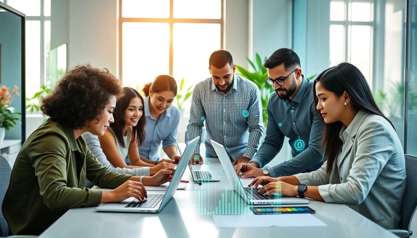 Team focused on EORMC blockchain development in a collaborative modern office.