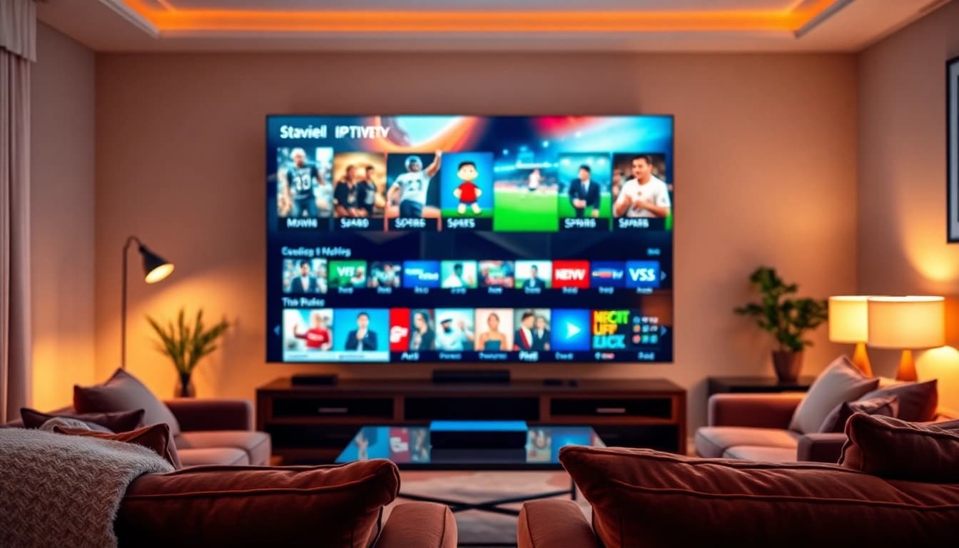 Suisse IPTV streaming setup in a cozy living room featuring diverse channel options.