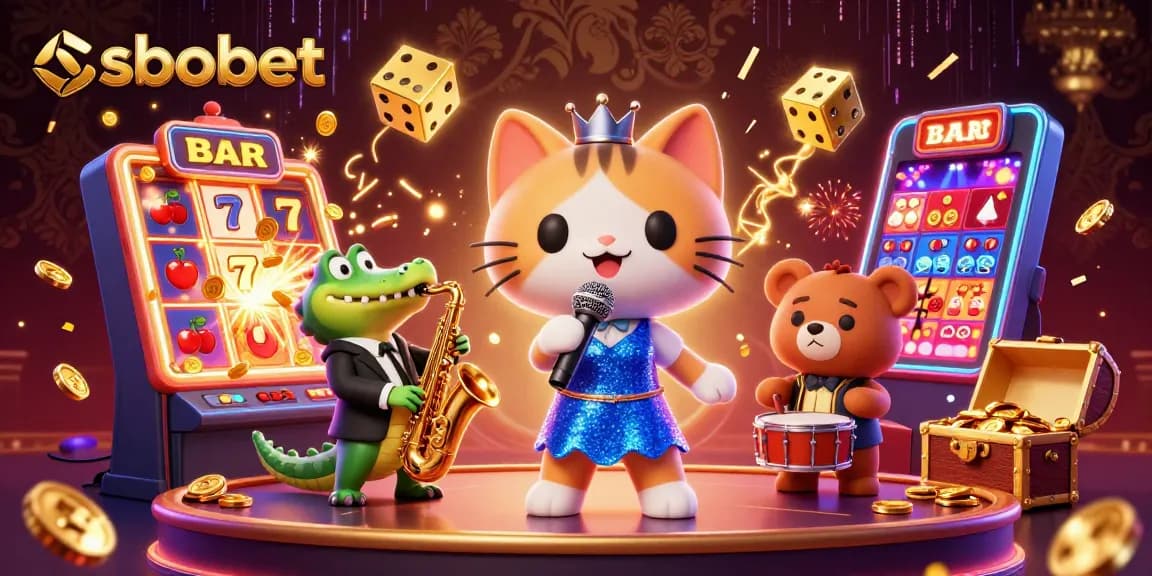 Experience sbobet's excitement with lively characters in a vibrant casino setting.