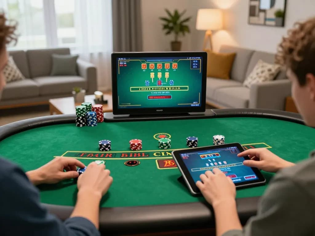Engaged gamer at home using tablet for nhà cái fly88 live baccarat, showcasing fun online gambling experience