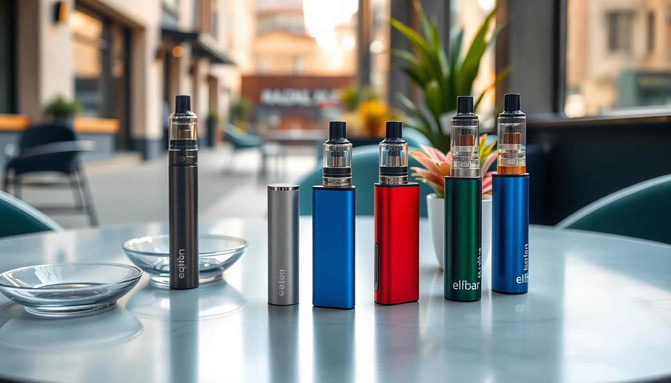 Elfbar Vape-Modelle schön angeordnet auf einem modernen Tisch in urbanem Ambiente.