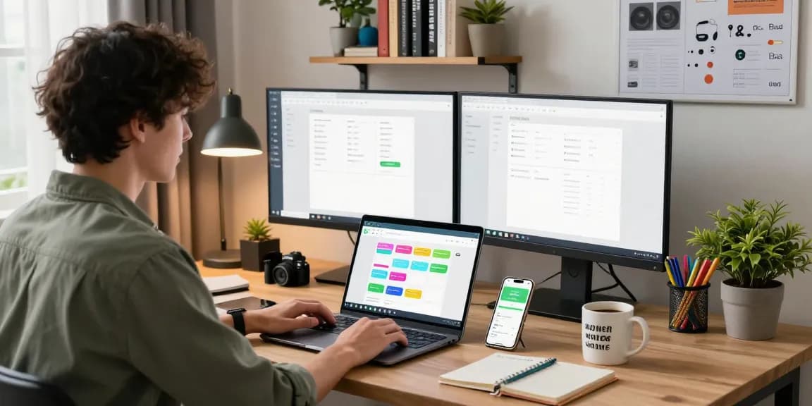 Using WhatsApp電腦版 on a laptop in a stylish home office.