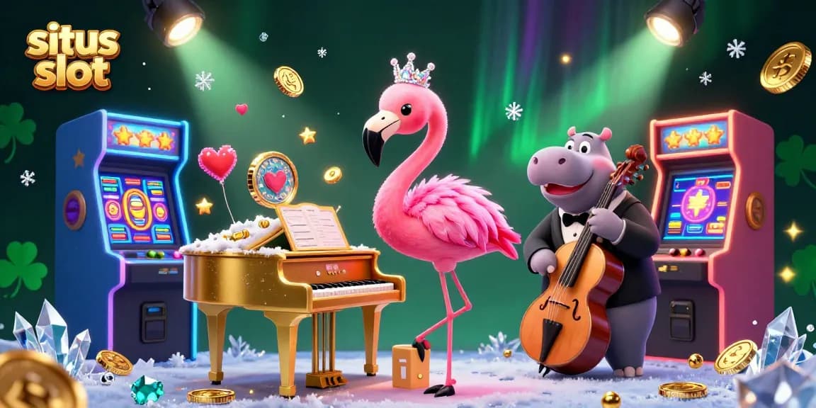 Experience situs slot excitement with a vibrant casino scene featuring lively characters and game elements.
