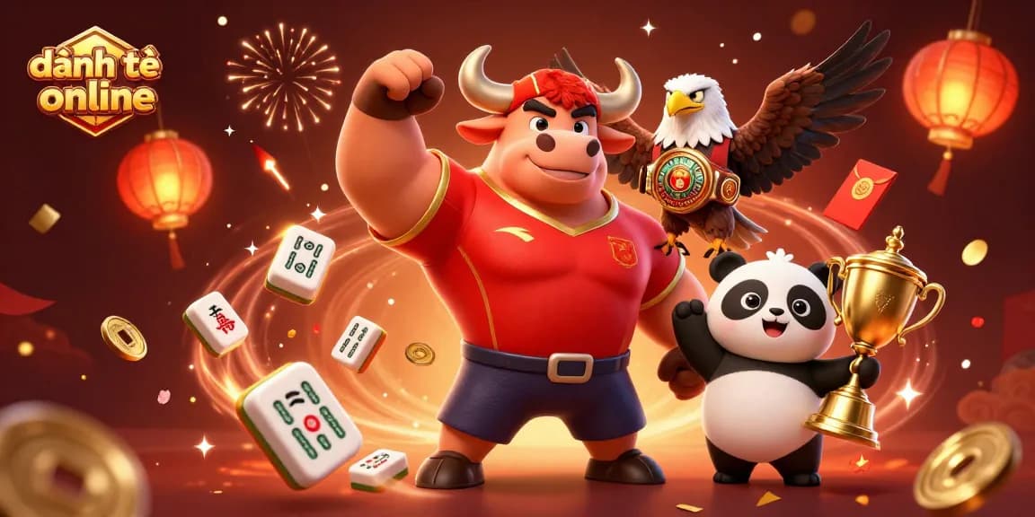 Experience the excitement of đánh đề online with a vibrant 3D celebration featuring a strong bull, eagle, and joyful panda.
