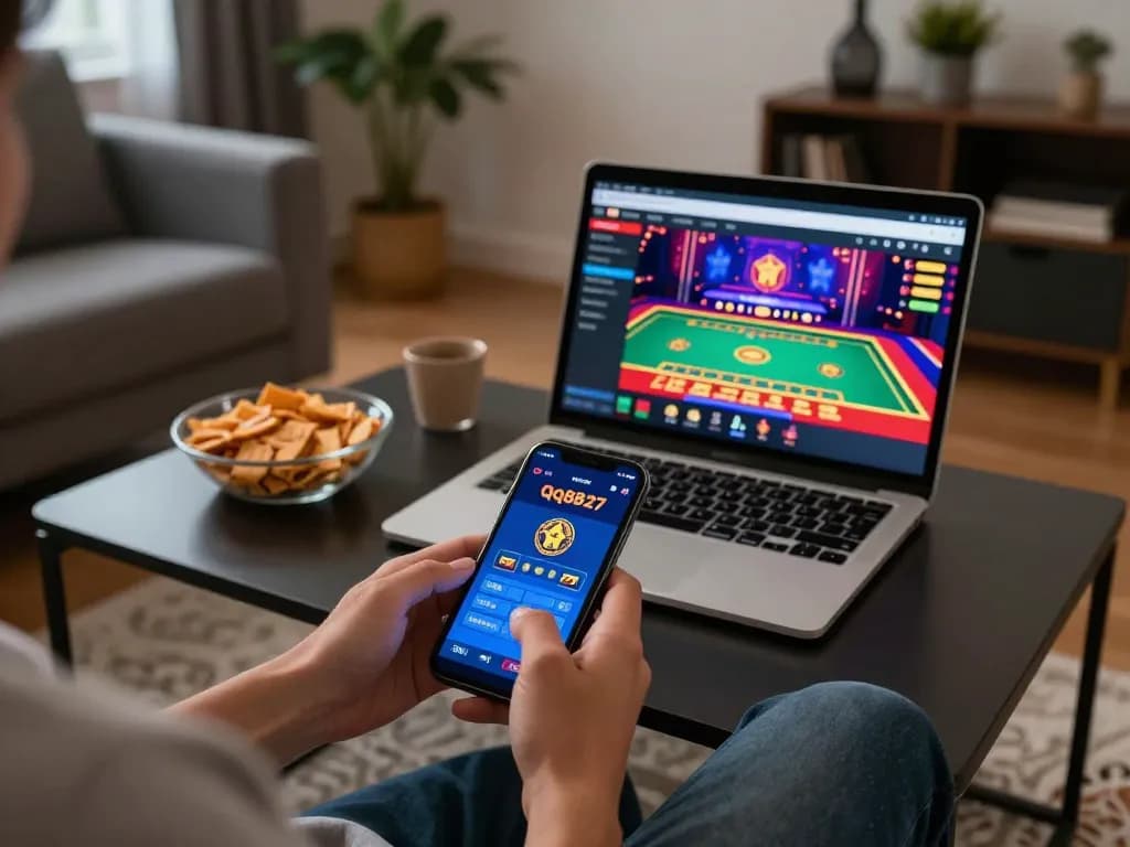 Playing online casino games with the qq8827 app on a smartphone in a cozy living room.