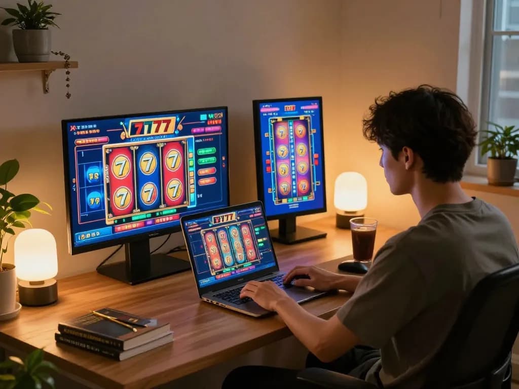 Engaged player spins reels on slot777 game at home, showcasing vibrant online casino interface