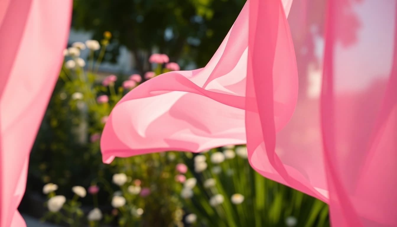 Chiffon stof dat elegant in de lucht vloeit in een zonnige tuin.