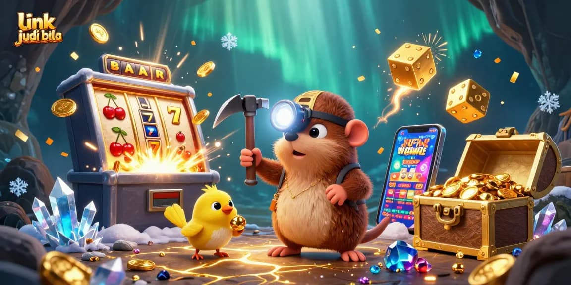 Explore vibrant treasures in link judi bola with 3D cartoon characters, slot machines, and glowing gems.